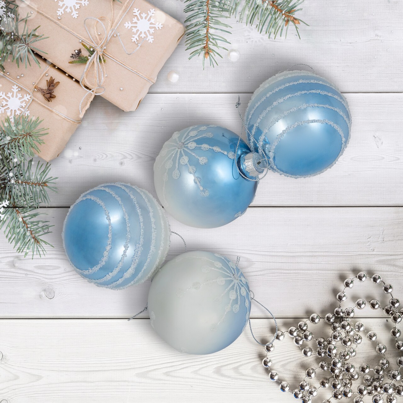 North Star Stripes and Snowflakes Shiny Glass Ball Christmas Ornaments - 3" (80mm) - Blue and White - 4ct